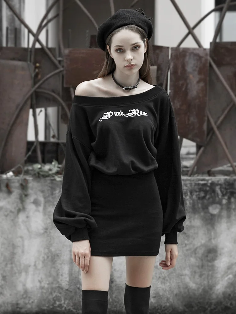 PUNKRAVE Europese Goederen Mode Trui Jurk Vrouwelijke Voorzichtig Machine Herfst Nieuwe Losse Rok Woord Schouder Shirt PUNKRAVE Europese Goederen Mode Trui Jurk Vrouwelijke Voorzichtig Machine Herfst Nieuwe Losse Rok Woord Schouder Shirt