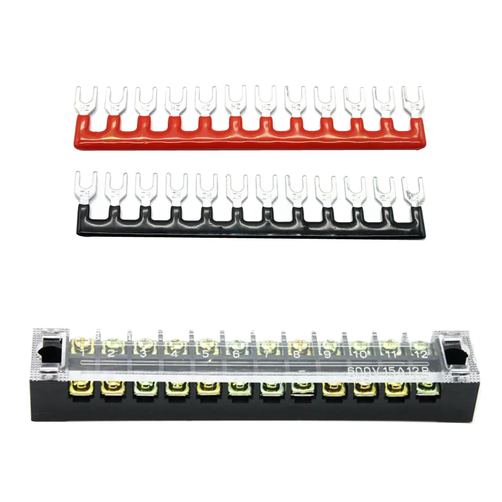 600V 15A 12 Positions Dual Rows Covered Barrier Screw Terminal Block Strip