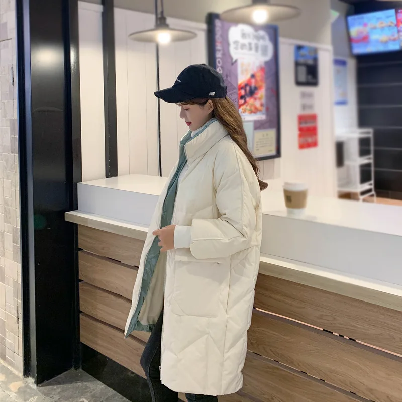 Контрастный цвет, пуховик женский,, стиль, модные модели, корейский стиль, на осень и зиму, выше колена, средней длины, Wh