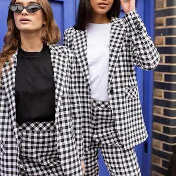 

Fashion Autumn Work Suits 2 Piece Sets Single Button Grid Blazer Jacket Zipper Shorts Suits Office Lady Blazers