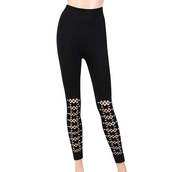 

2019 Women Black Stylish Hole Leggings Skinny Sexy Hollow Ripped Hole Cut Out Pencil Pants Slim Stretch Leggings Sales