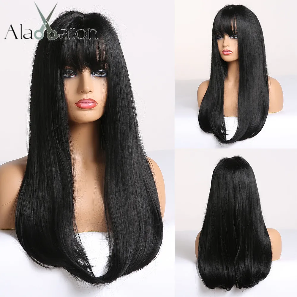 

ALAN EATON Black Long Straight Wig with Bangs Synthetic Hair Wigs for Woman Heat Resistant Fiber Party Cosplay Costume Wigs