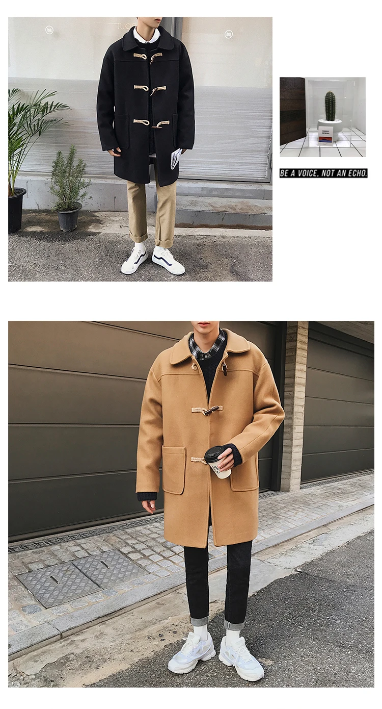 Liketkit, мужской Тренч, зима, мужское однотонное длинное пальто большого размера, корейский стиль, хаки, с роговым воротником, повседневное шерстяное пальто