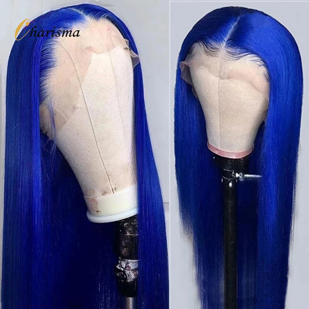 Lace Front Wig Synthetic Long Straight Blue Middle Part Pre Plucked For Black Women