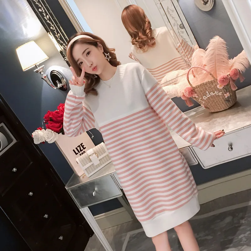 

Maternity Clothes Nursing Stripes Joint Loose And Plus-sized Brushed And Thick Winter Dress Korean-style Brushed And Thick Loose