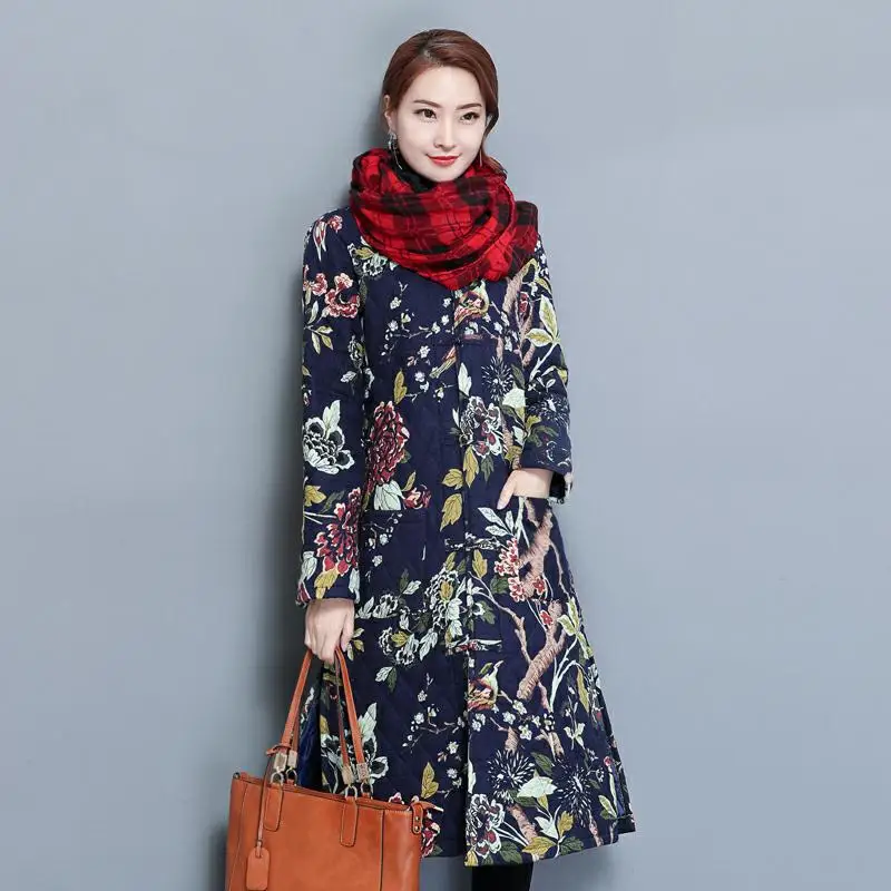

2017 Winter Large Size Printed Ethnic-Style Mid-length Frog Long Sleeve Cotton-padded Clothes Cardigan Coat Fr8396