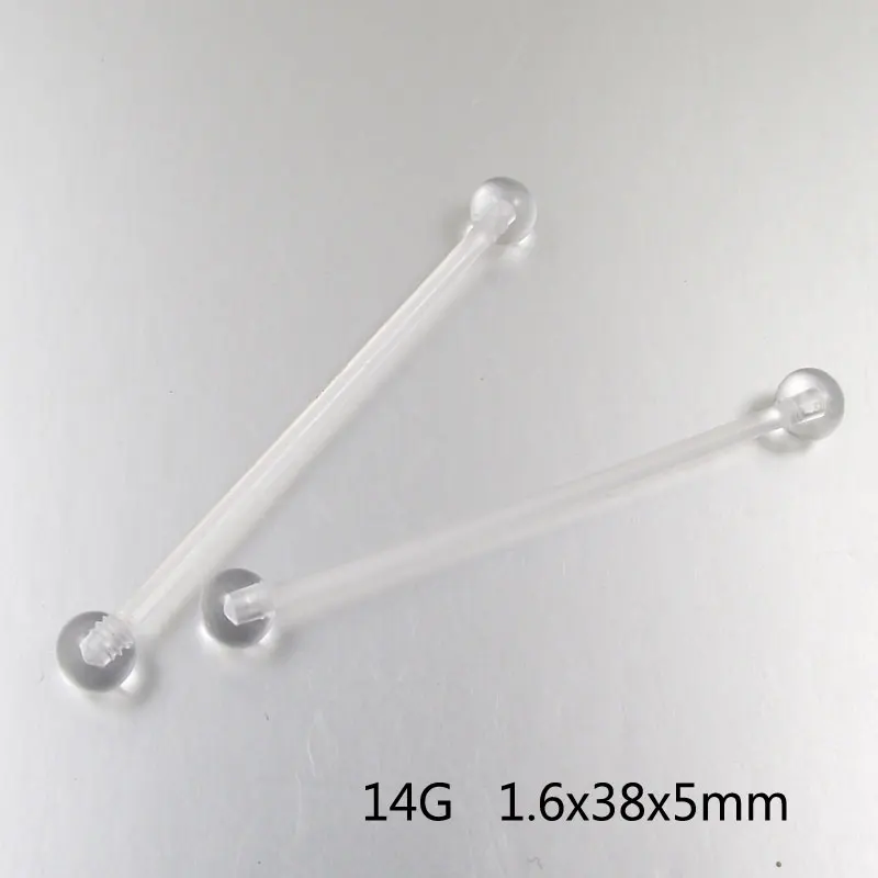 

2Pieces 14G 1.6x38x5mm Long Straight Industrial Barbell Clear Soft flexible Bioplastics Tragus Ear Piercing Body Jewelry