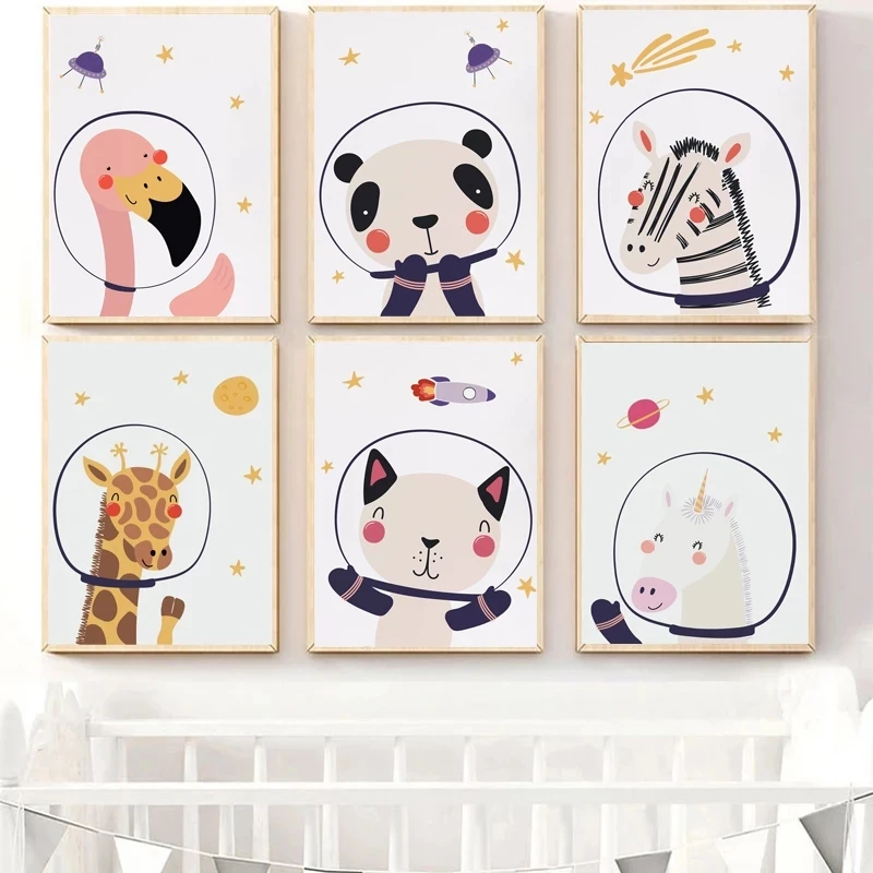 

Cartoon Astronaut Animals Wall Art Painting Print Giraffe Flamingo Cat Zebra Canvas Poster Decoration Baby Child Bedroom Picture