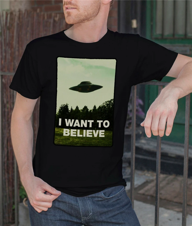 I Want To Believe Men Black T-Shirt X Files Tee Ufo Alien Shirt For Youth Middle-Age The Old |