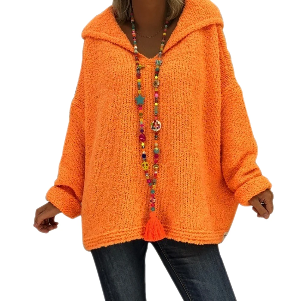 CYSINCOS осенне-зимний свободный женский свитер, однотонный вязаный Топ, Модный пуловер с v-образным вырезом размера плюс, женский свитер с капюшоном - Цвет: orange