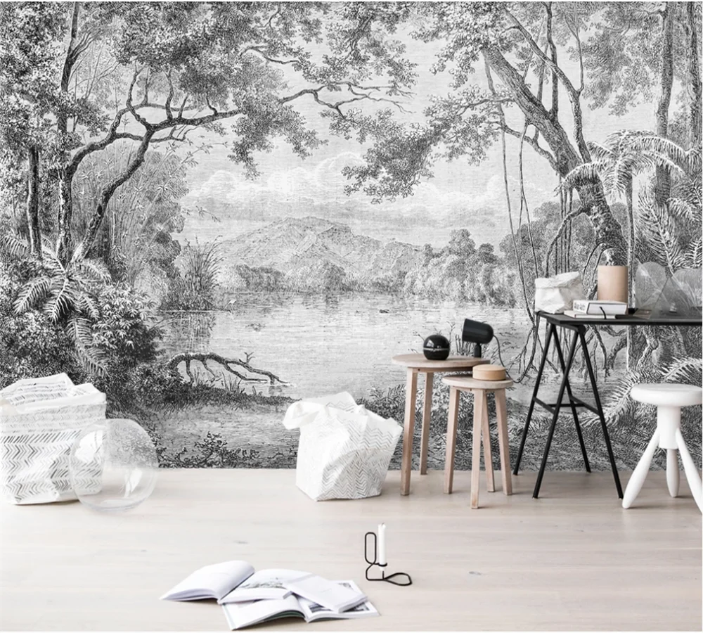 

Custom wallpaper mural 3D-8D wall covering retro hand-painted line illustration rainforest jungle interior decoration painting