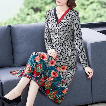 

Fall 2020 Women Dress Loose Middle Aged Mother Plus Size 4xl Fashion Vestidos Maxi Midi Floral Dress Vintage Casual Print V-neck