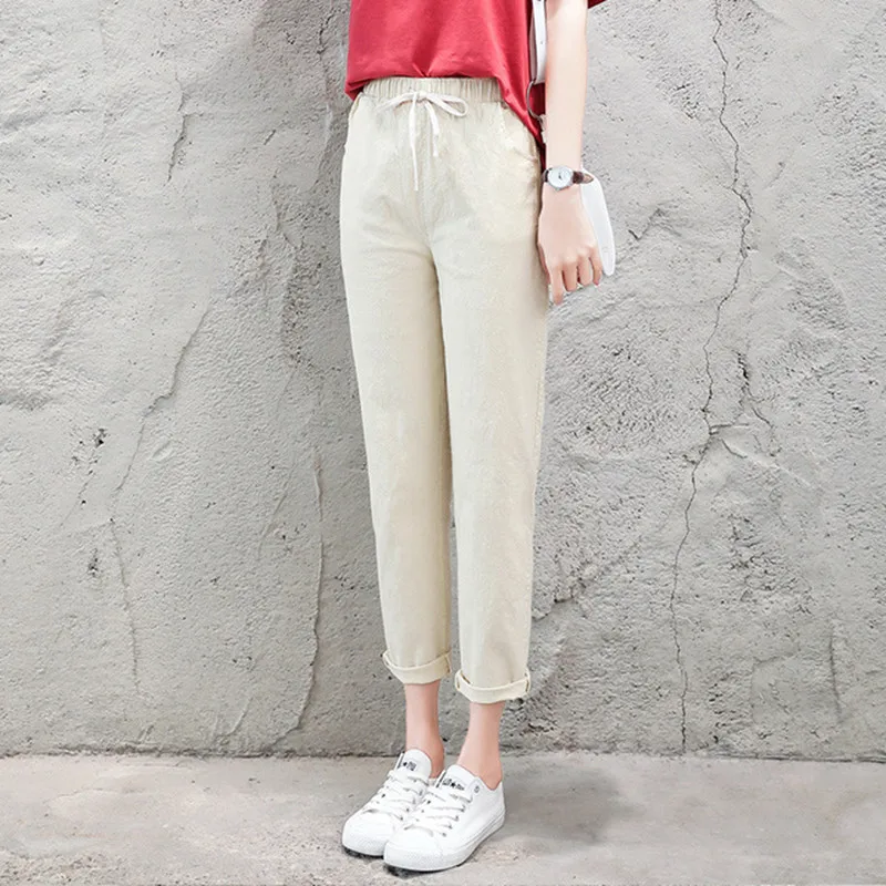 

Summer Cotton Linen Capri Pants Women Straight Loose Casual Lace Up Harem Pants Female Capris Pants