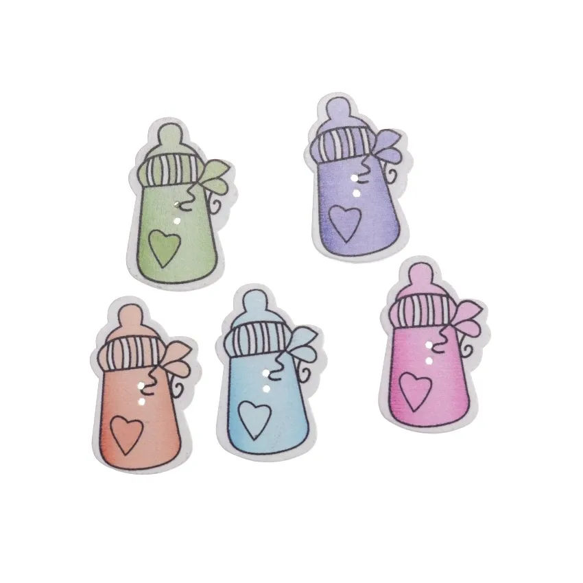 

Free Shipping Retail 10Pcs Random Mixed 2 Holes Pattern Baby Bottle Shape Wood Sewing Buttons Scrapbooking 23x37mm