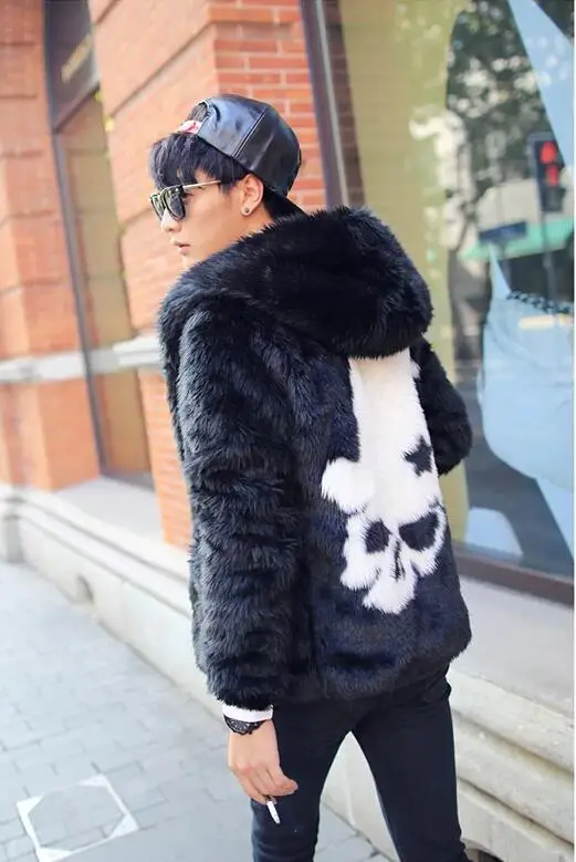 Winter Vetement men Vintage faux fur coat white skull pattern black rabbit fur warm hooded fur coat Plus Size Men Coat S-3XL