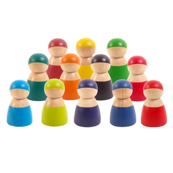 

12pcs/set Baby Wooden Toys Rainbow Friends Peg Dolls Pretend Play People Figures Montessori Educational Wooden Toys For Kids