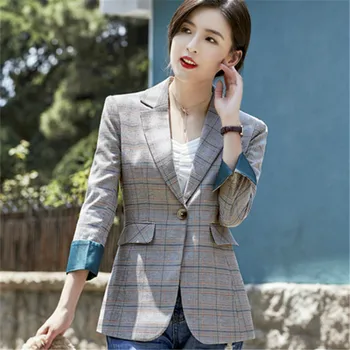 

Ladies single suit autumn and winter new high-end fashion plaid simple thin single button suit temperament wild women