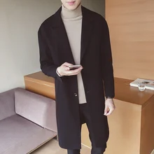 Осенне-зимнее черное шерстяное пальто, мужская куртка средней длины с отложным воротником, однотонное приталенное мужское пальто, M-3XL