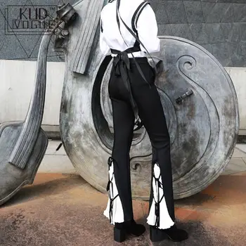 

Flare Pant Female Vintage Patchwork Lace-up Bow Pleated White Black Contrast High Waist Pants Slim Fashion Streetwear Trousers