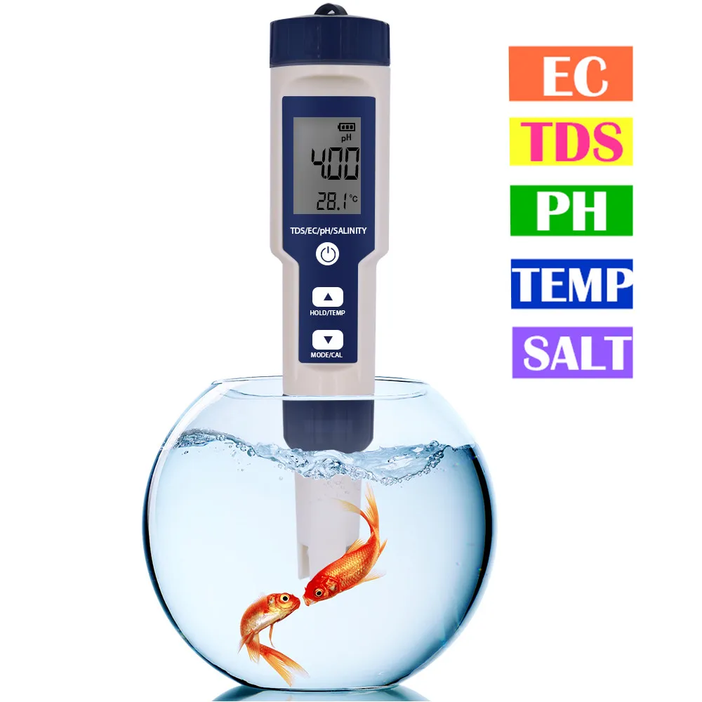 5 в 1 PH температура TDS EC Соленость метр водонепроницаемый с автоматической калибровки функция качества воды PH тестер Скидка 40