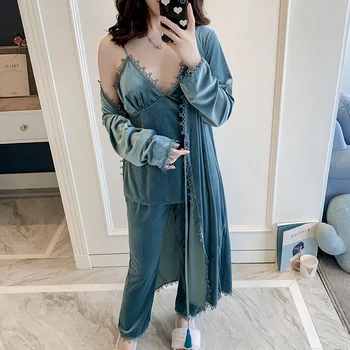 

Pajamas Suit Women 3PCS Sleepwear Casual Nightwear Velour Winter Sexy Pijamas Home Clothing Long Sleeve Bathrobe Gown Negligee