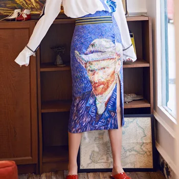 

XUXI South Korean Designer 2018 Van Gogh Bodycon Wears A Long Women's Top MIDI Split Skirt Open Crotch Women's Skirt FZ0956
