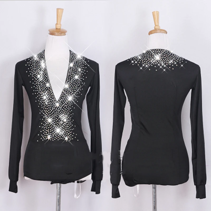 

High Quality Latin Tops Men Rhinestone Shirt Deed V-Collar Male Dance Costumes Stage Professional Mens latin Dance Tops BL2008