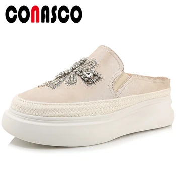 

CONASCO Fashion Casual Summer New Genuine Leather Women Sandals Mules Slippers Crystal Embroider Platform Flat With Shoes Woman