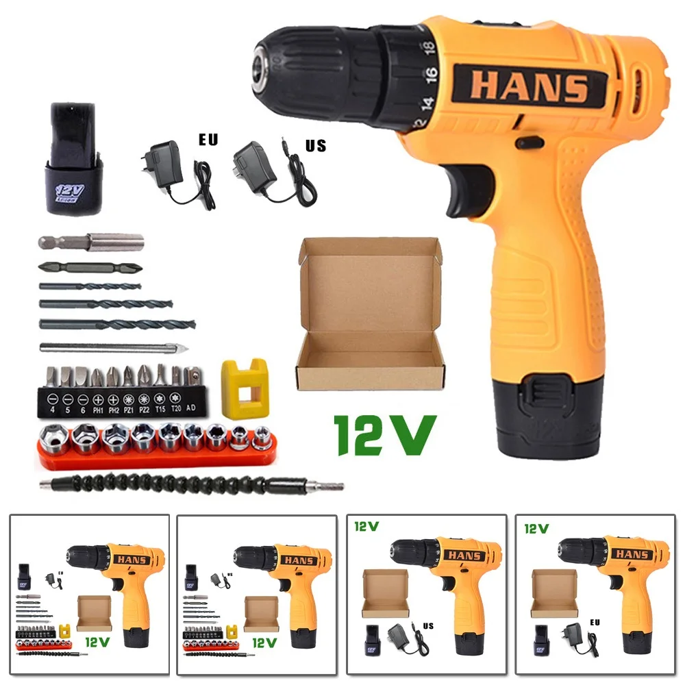 

12V Electric Impact Power Hand Drill Bit Battery Screwdriver Rotary Tools Set 1*Drill+US/EU Charger+1*Battery+1*Carton