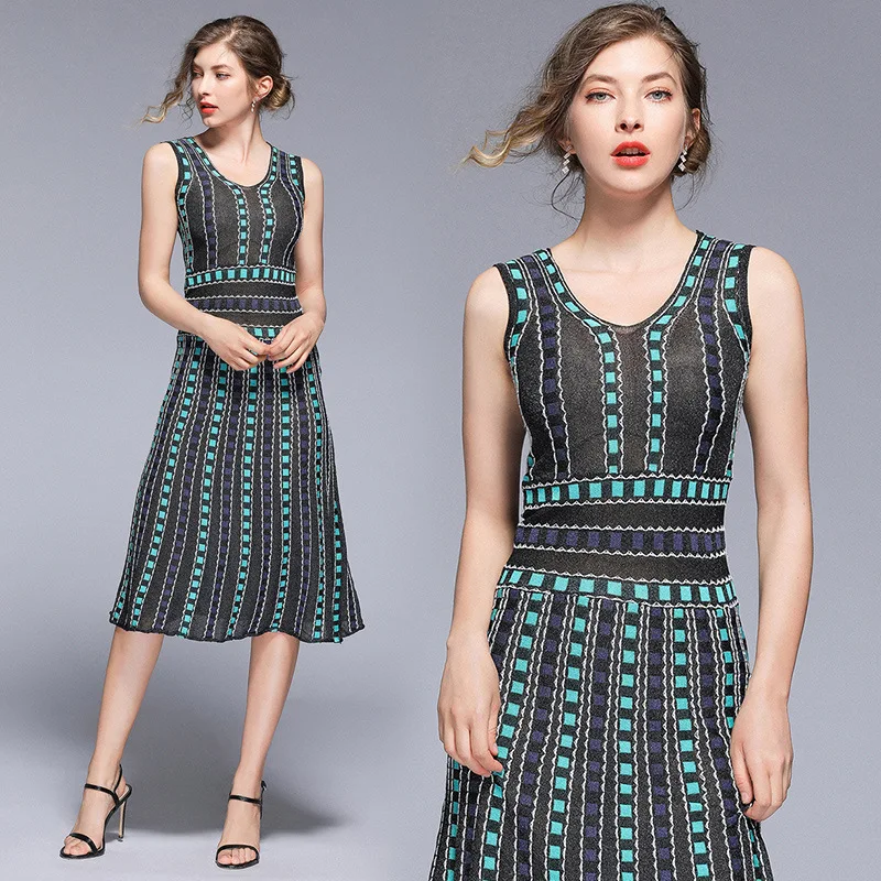 

2019 Spring And Summer New Style Double V-neck Liangsi Contrast Color Plaid Pattern Knit Sleeveless Medium-length Dress Women's