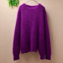 Элегантный женский свитер, женская одежда с длинными рукавами и круглым вырезом, Вязаная блуза из ангорской кроличьей шерсти, пуловер, повседневный свободный чистый фиолетовый цвет