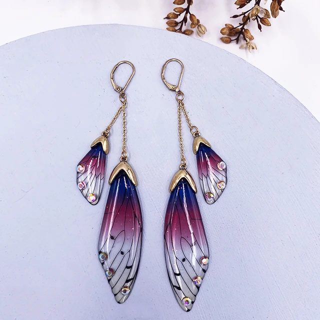 Fairy Resin Butterfly Earrings for Women Shining Crystal Flake Double Wing Long Drop Earrings Ladies Wedding Party Jewelry 2020 CP-Purple