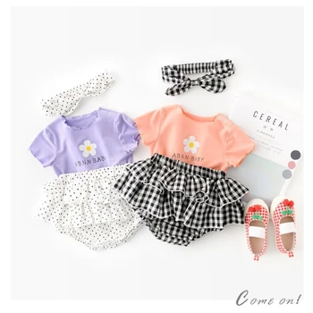 

New Summer Infants Clothes Suit Flowers Cute Dot Plaid Toddler Outfit Set Cotton Party Newborn Baby Costume With Hair Band 2pcs
