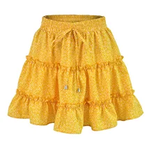 2021 Beach Skirts Women Summer Shirring Ruffles A-line Printed Short Mini Empire Ladies Skirt with Sashes Casual Female Skirt