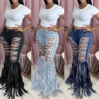 

Women Tassel Flare Jeans Casual Ripped Bell Bottom Jeans Summer High Waist Fashion Vintage Denim Pants Female