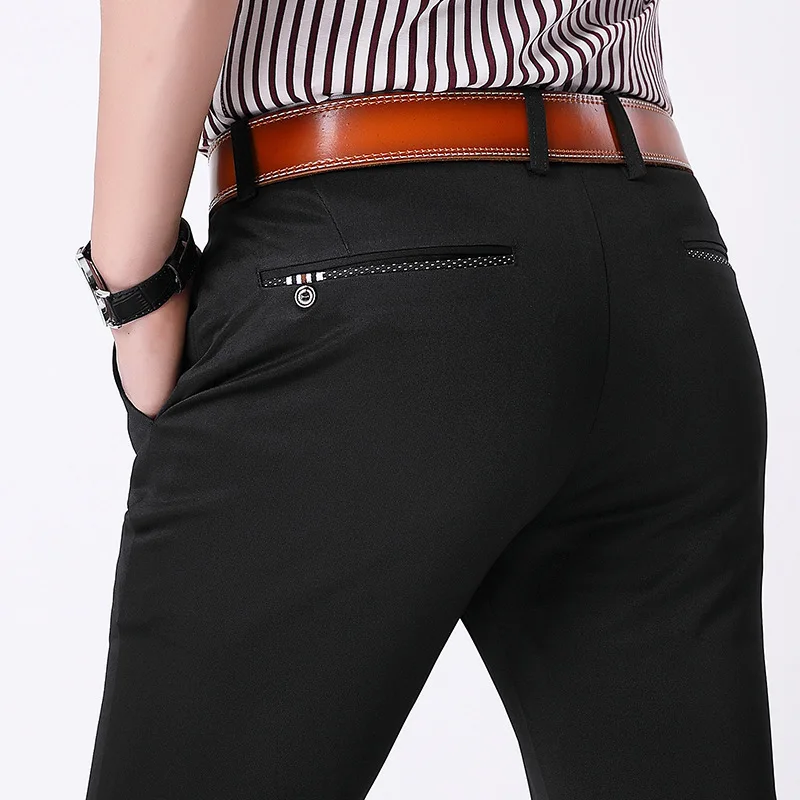 Мужские повседневные штаны для фитнеса, прямые, из полиэстера, длинные брюки размера плюс,, Осень-зима, эластичные, деловые, официальные, слаксы