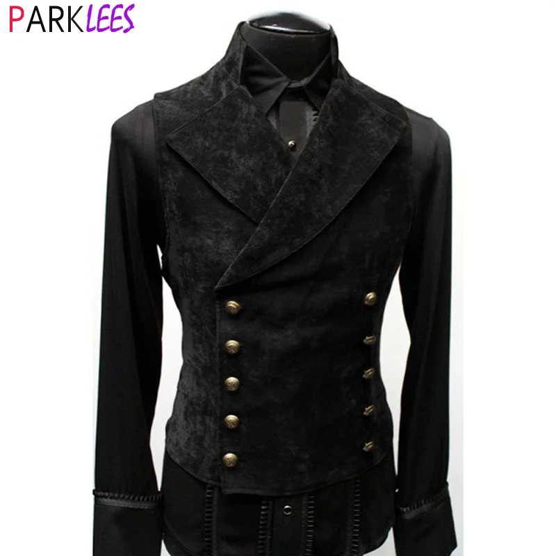 

Mens Double Breasted Gothic Steampunk Velvet Vest Stand Collar Medieval Victorian Black Waistcoat Men Stage Cosplay Prom Costume