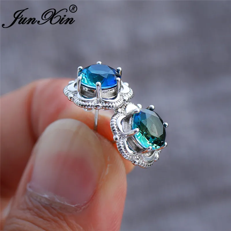 Мистик зеленый синий циркон цветок серьги-гвоздики 925 серебро розовое золото красочные Радуга огонь кристалл круглые свадебные серьги для женщин