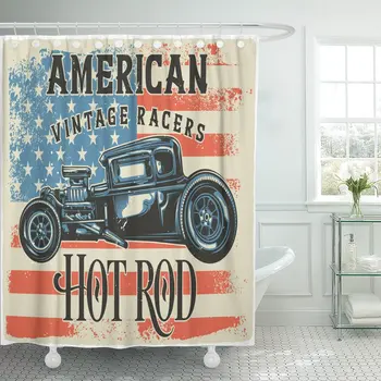 

Shower Curtain American Design with of Hot Rod Raster Copy Antique Auto Waterproof Polyester Fabric Set with Hooks
