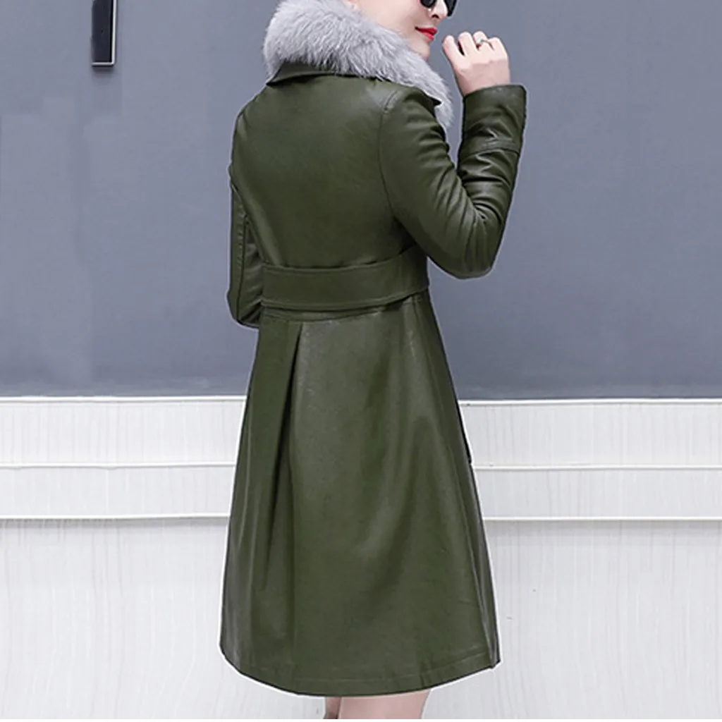Осенний Тренч цвета хаки из искусственной кожи для женщин, Корейская тонкая талия, Длинная ветровка с поясом, элегантные пальто#3