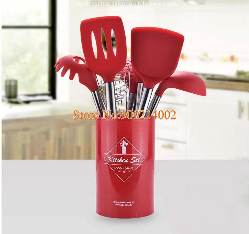 

9pcs Red/Black Stainless Steel Food Grade Silicone Cooking Tool Set Kitchen Tools Soup Spoon Cooking Utensil