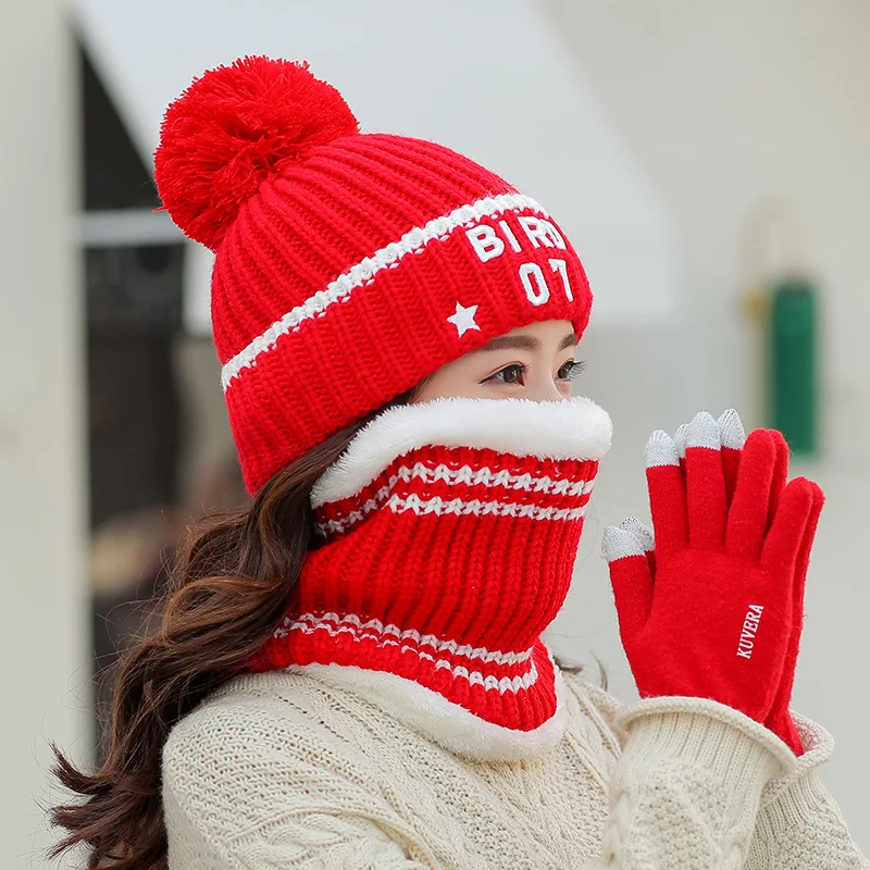 Новая вязаная зимняя шапка с помпоном и буквенным принтом, шарф, перчатки, набор для женщин, Толстая теплая зимняя Лыжная шапка, шапочки, шарф для женщин, подарок для девочек