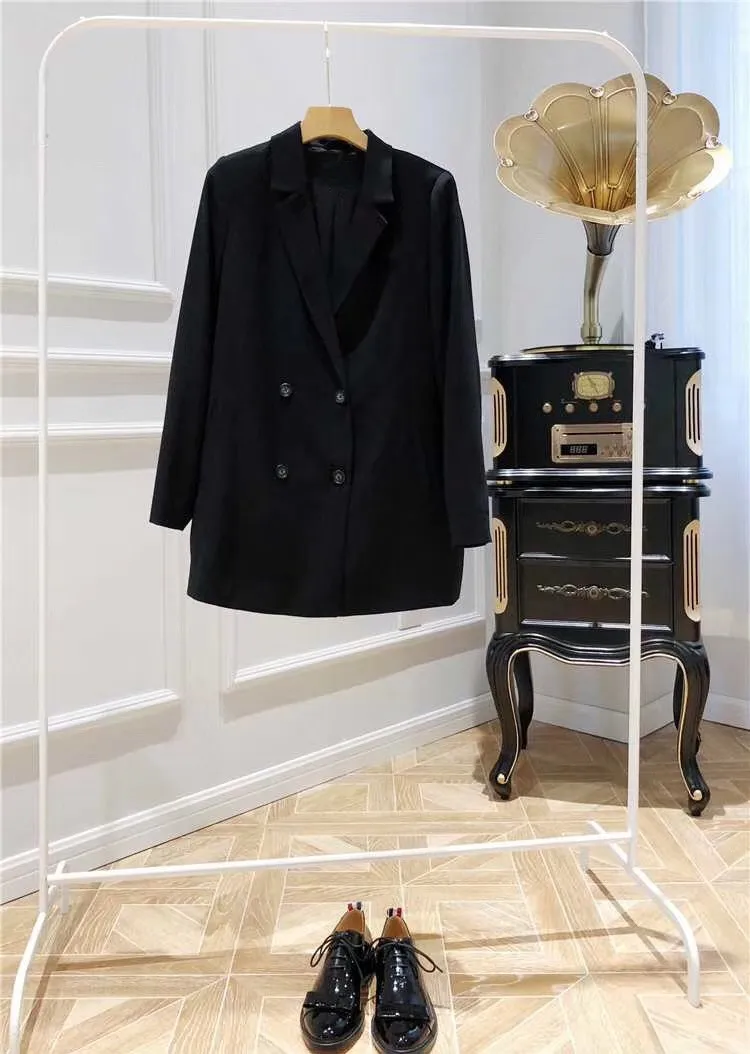 Women Blazer Double Breasted Black Jacket Elegant Loose Jacket with Pockets Women Blazer Double Breasted Black Jacket Elegant Loose Jacket with Pockets