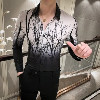 

Men Shirt Slim Fit Tree Print Shirt Long Sleeve Men Fashions Turn-Down Collar Button Korean Style Social Black Shirts