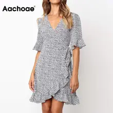 Летнее платье женское в горошек Бохо с оборками с коротким рукавом пляжное платье сексуальное Глубокий v-образный вырез мини вечерние платья сарафаны