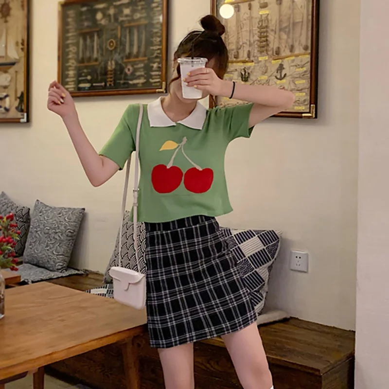 

Summer Turn-down Collar Short Sleeve Knitted Cherry Print t shirt korean clothes for women t shirts fashion