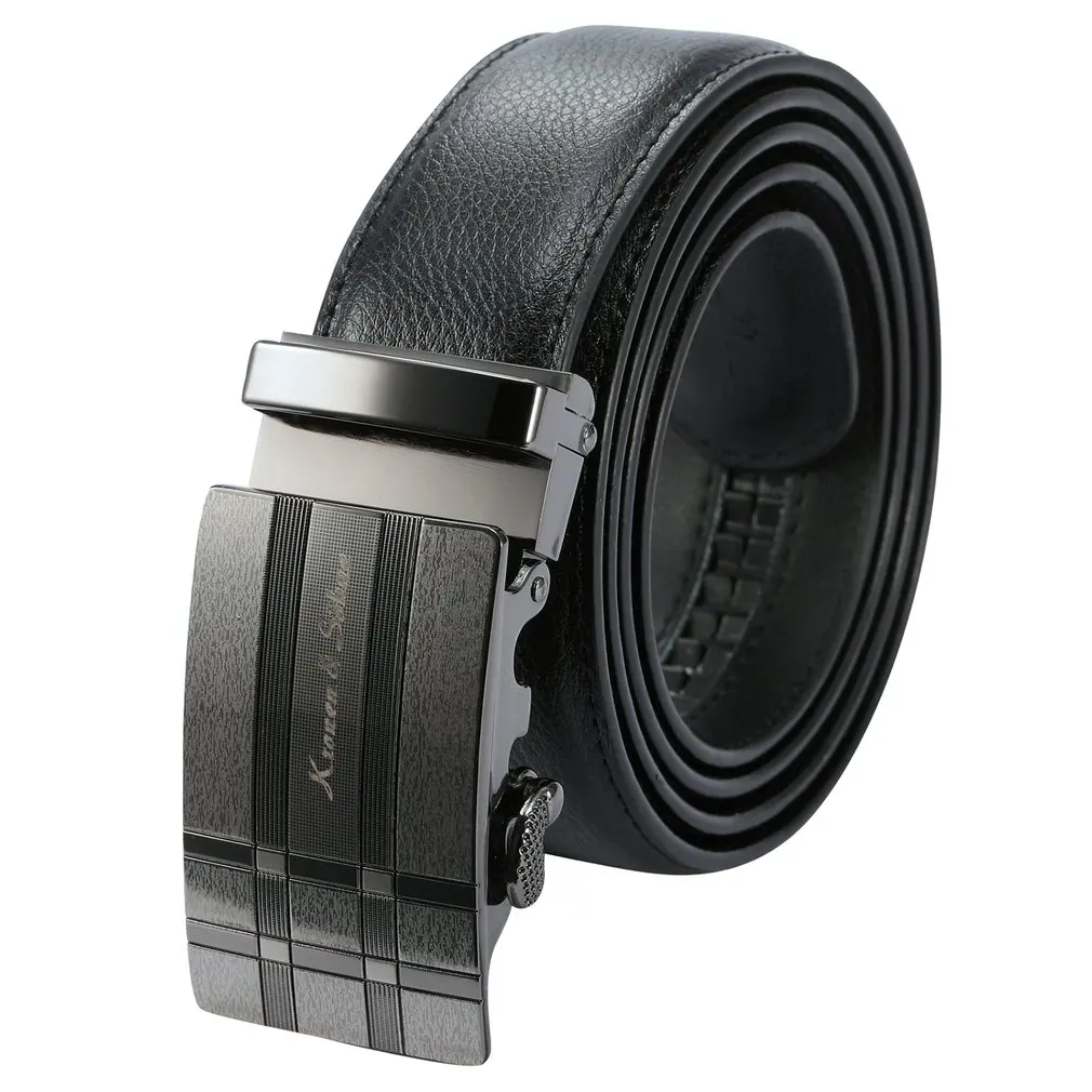 Business Classic Black Silver Tone Strap Men Gent Dress Genuine Real Leather Waist Belt Auto Lock Adjustable Steel Buckle /KB053