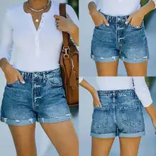 Pantalones cortos de mezclilla para mujer, Shorts rectos, color azul, lavado, informal, urbano, verano, 2021