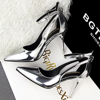 

2020 Women 9.5cm High Heels Fashion Leather Fetish Silver Pumps Female Quality Scarpin Hollow White Shoes Lady Sexy Strap Pumps