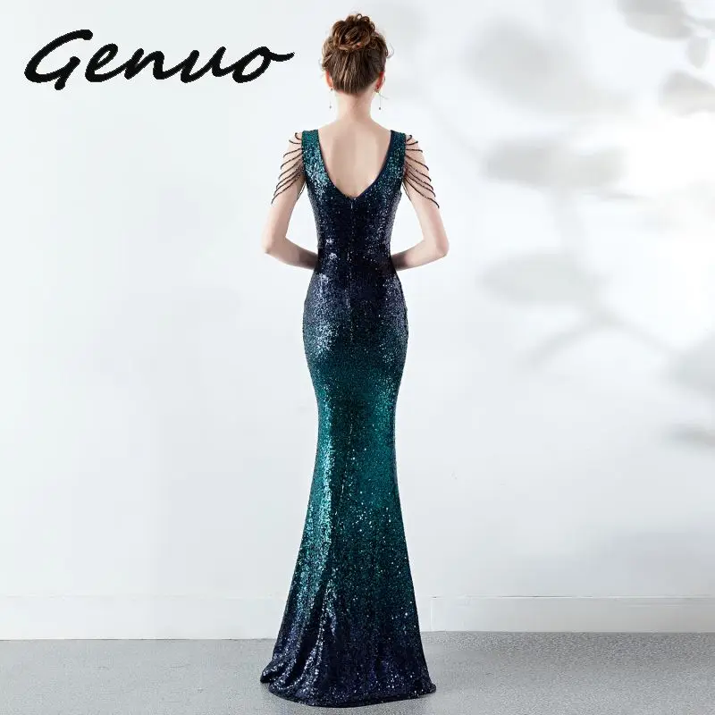 Genuo, новинка, Trajes De Gala, v-образный вырез, вечерние платья, сексуальные, с блестками, на молнии, сзади, Русалка, в пол, Vestido De fiesta largo
